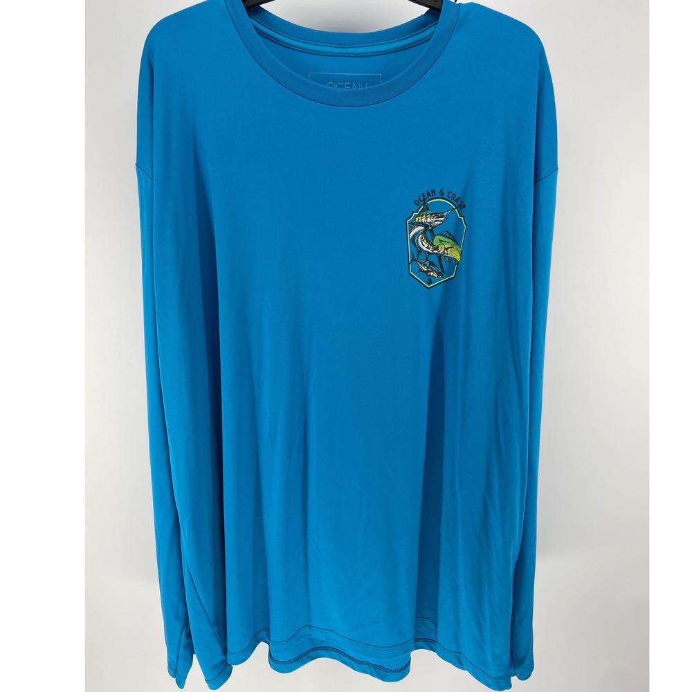 Ocean & Coast Fishing Shirt Mens 2XL Blue EUC Graphic Performance Long Sleeve
